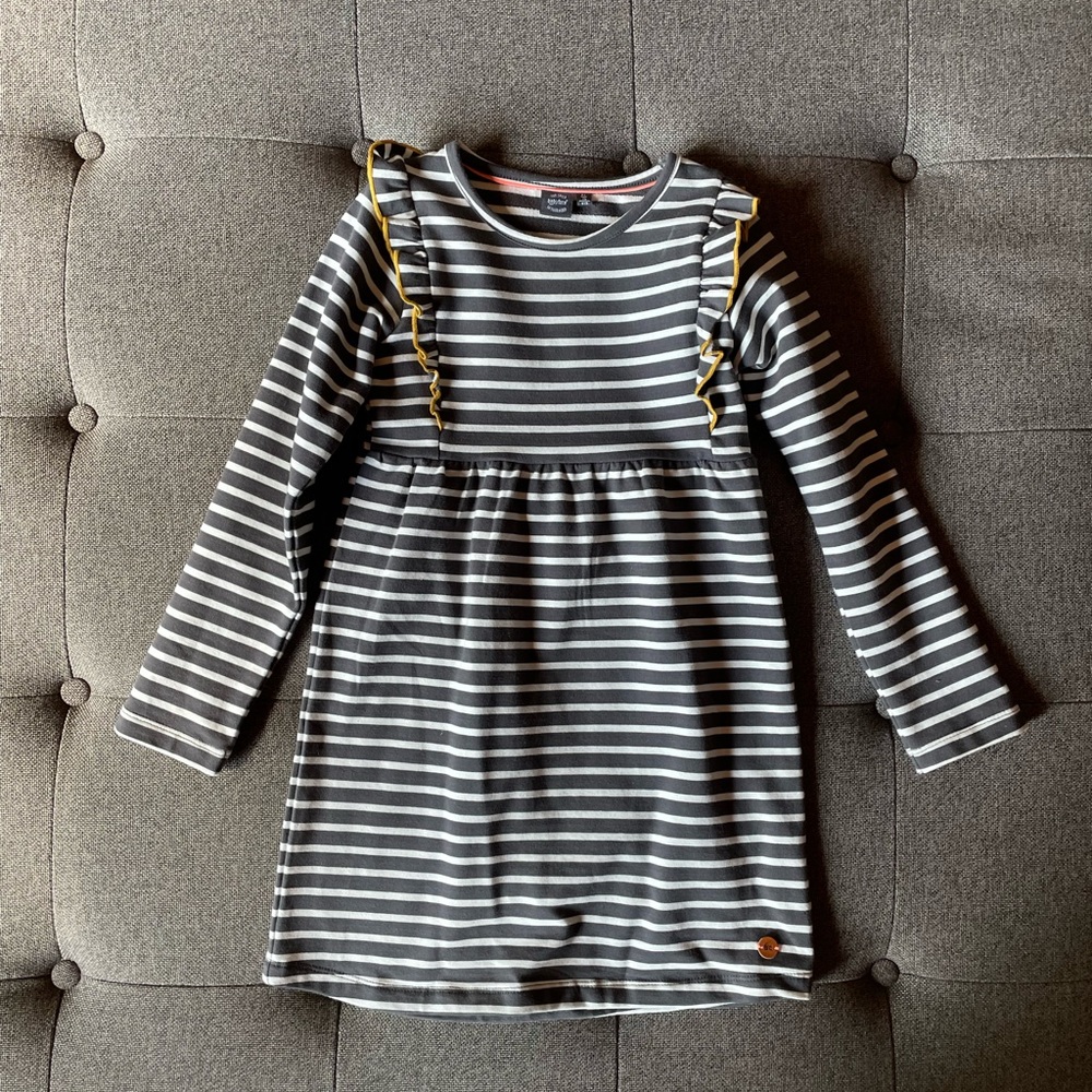 Gray grey and white striped dress with mustard yellow lined ruffle. Babyface